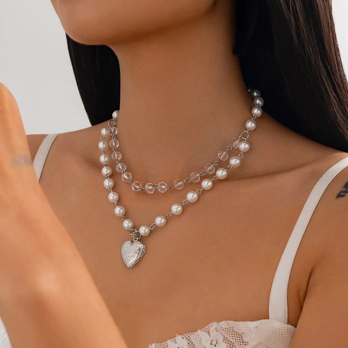 Elegant Layered Floral Heart Pendant Crystal Pearl Chain Necklace
