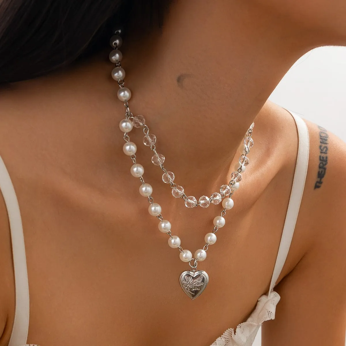 Elegant Layered Floral Heart Pendant Crystal Pearl Chain Necklace
