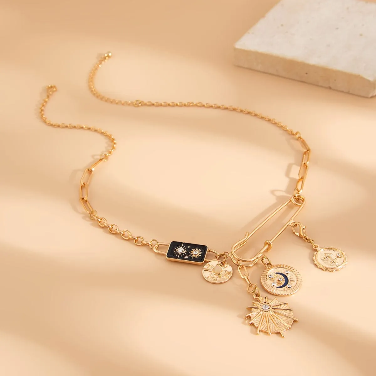 Elegant Rhinestone Inlaid Enamel Round Disk Square Charm Paperclip Necklace
