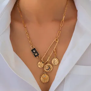 Elegant Rhinestone Inlaid Enamel Round Disk Square Charm Paperclip Necklace
