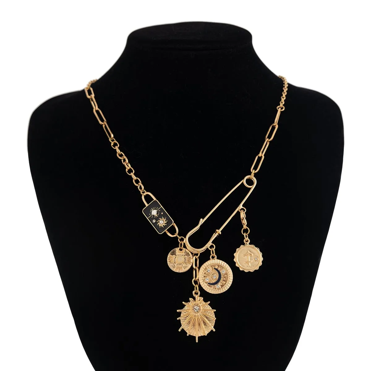 Elegant Rhinestone Inlaid Enamel Round Disk Square Charm Paperclip Necklace