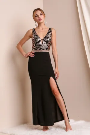 Elegant Sequins and embroidered Dress with Slit