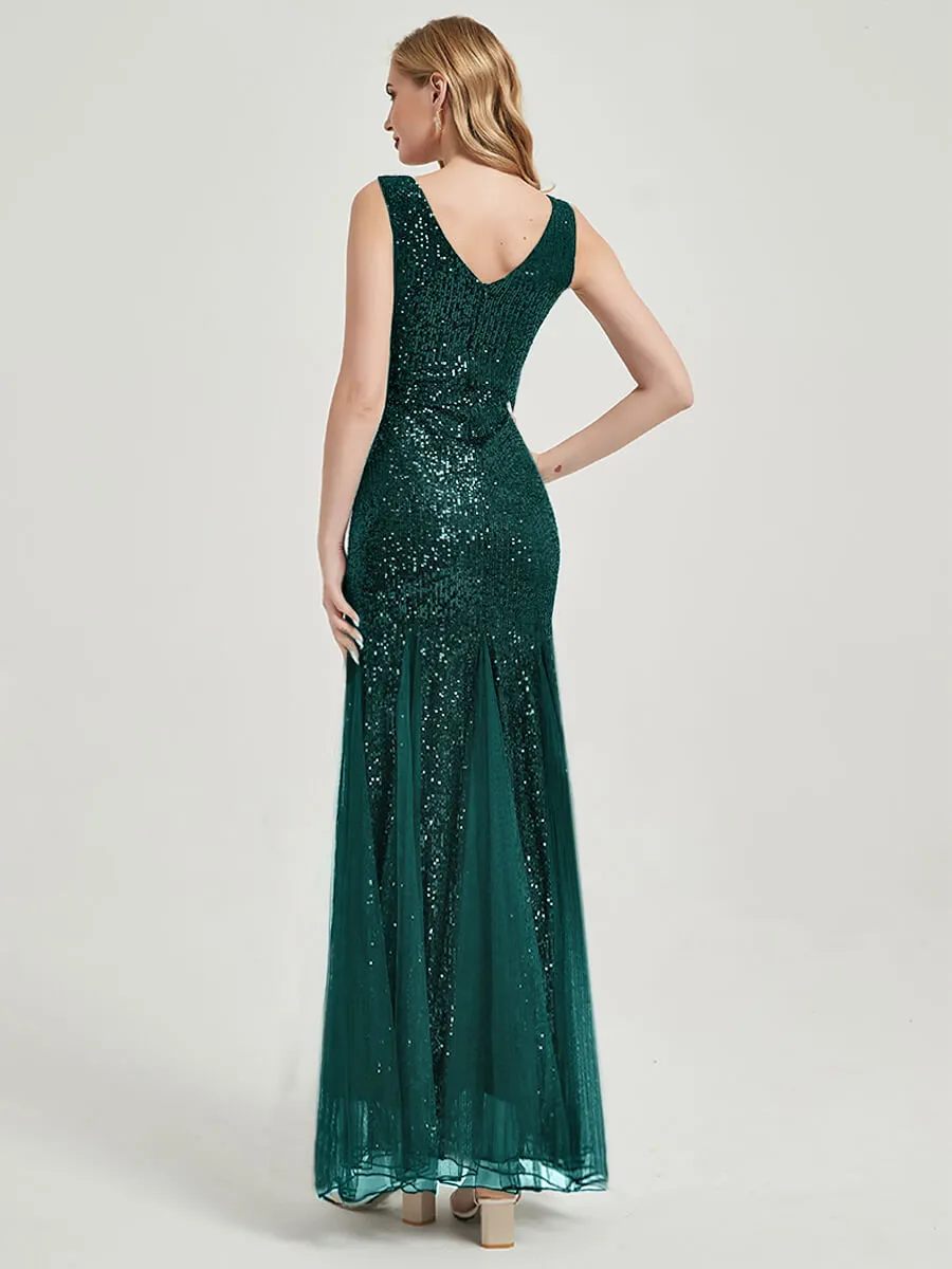 Emerald Green Sequin Tulle V-Neck Sleeveless Mermaid Evening Dress