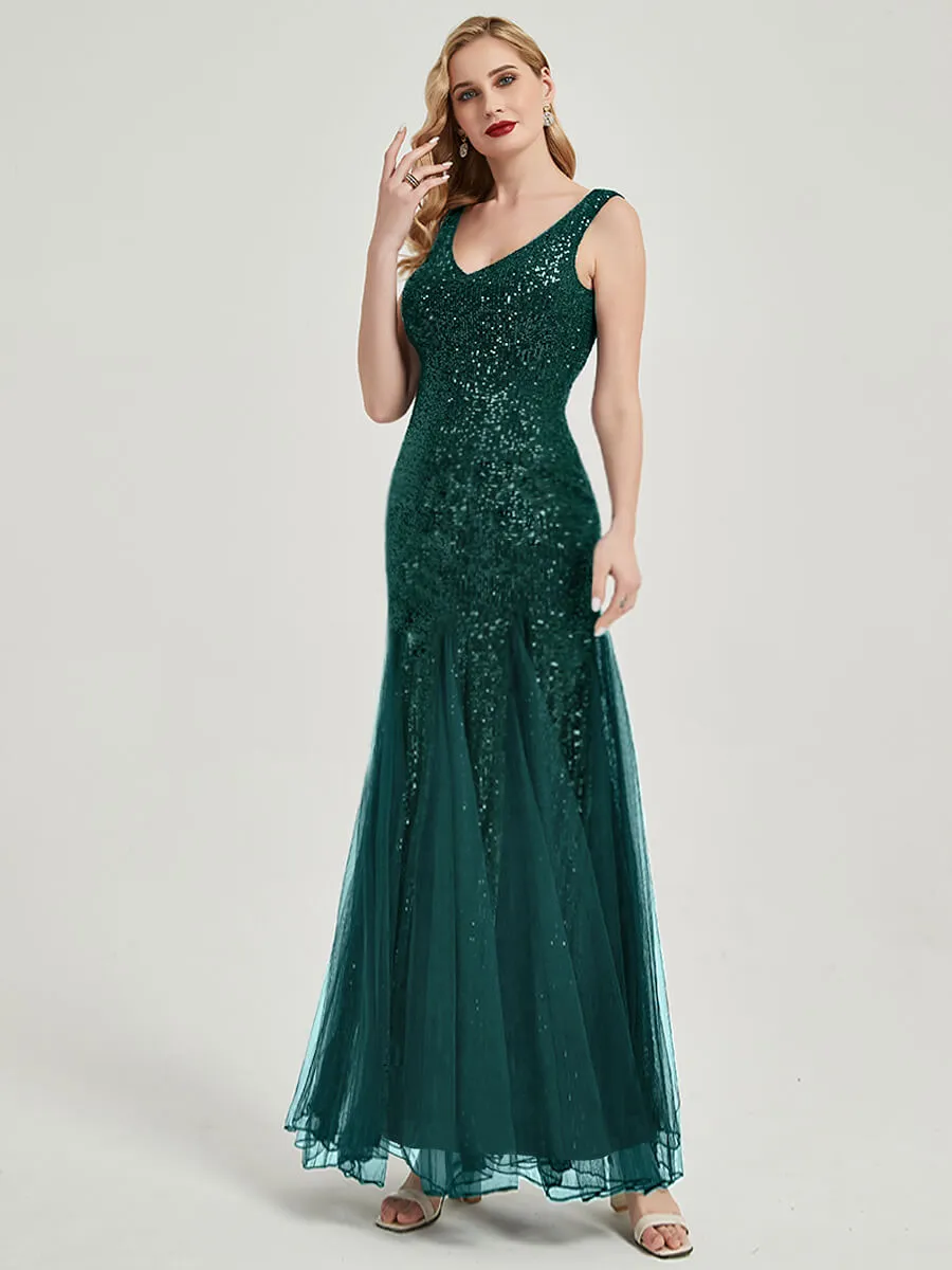 Emerald Green Sequin Tulle V-Neck Sleeveless Mermaid Evening Dress