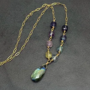 Faceted Rainbow Fluorite & Labradorite Drop Necklace