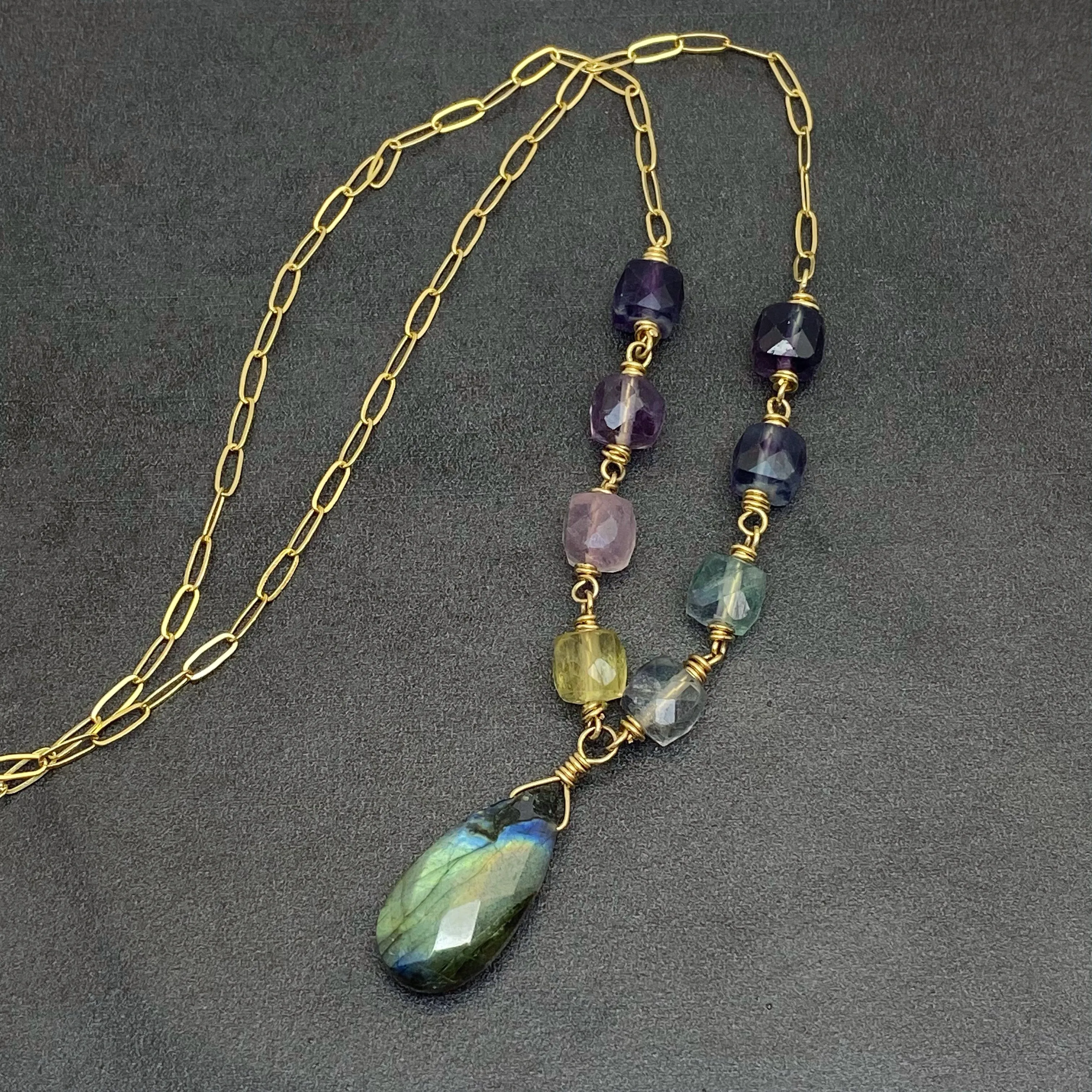 Faceted Rainbow Fluorite & Labradorite Drop Necklace