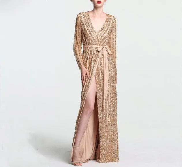 Fashion V-Neck Sleeping Style Green Evening Dress Beading Diamond Long Sleeves Formal Party Gown