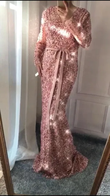 Fashion V-Neck Sleeping Style Green Evening Dress Beading Diamond Long Sleeves Formal Party Gown
