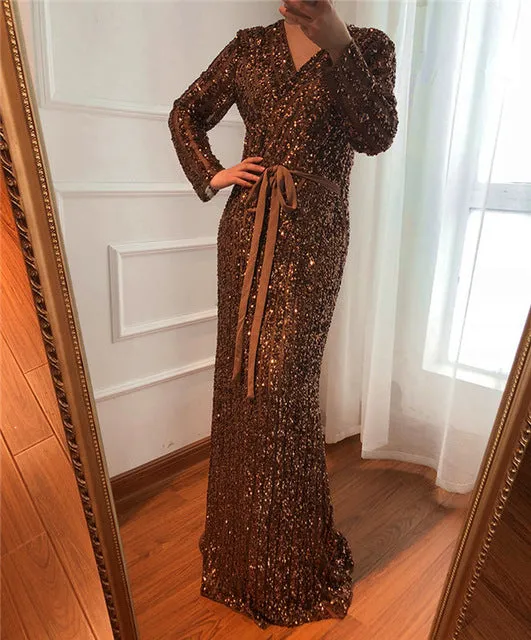 Fashion V-Neck Sleeping Style Green Evening Dress Beading Diamond Long Sleeves Formal Party Gown