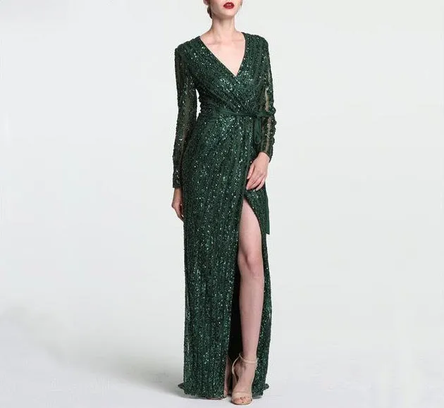 Fashion V-Neck Sleeping Style Green Evening Dress Beading Diamond Long Sleeves Formal Party Gown