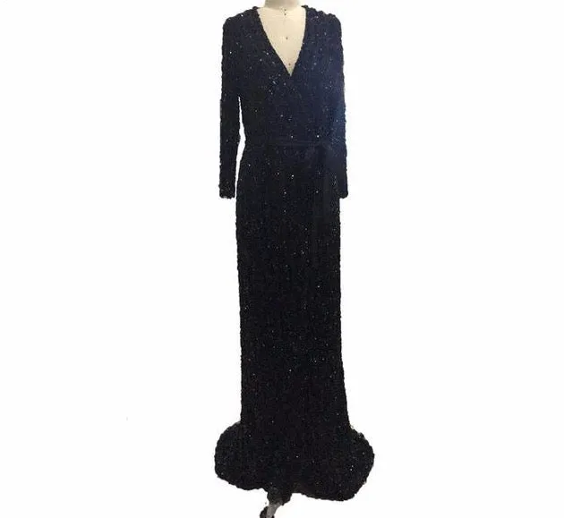 Fashion V-Neck Sleeping Style Green Evening Dress Beading Diamond Long Sleeves Formal Party Gown