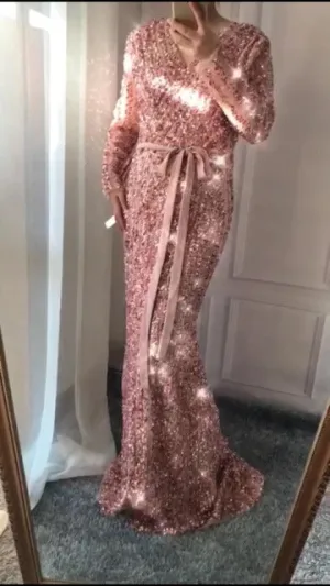 Fashion V-Neck Sleeping Style Green Evening Dress Beading Diamond Long Sleeves Formal Party Gown