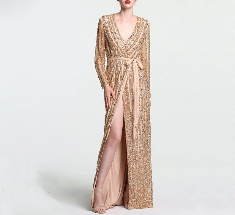 Fashion V-Neck Sleeping Style Green Evening Dress Beading Diamond Long Sleeves Formal Party Gown