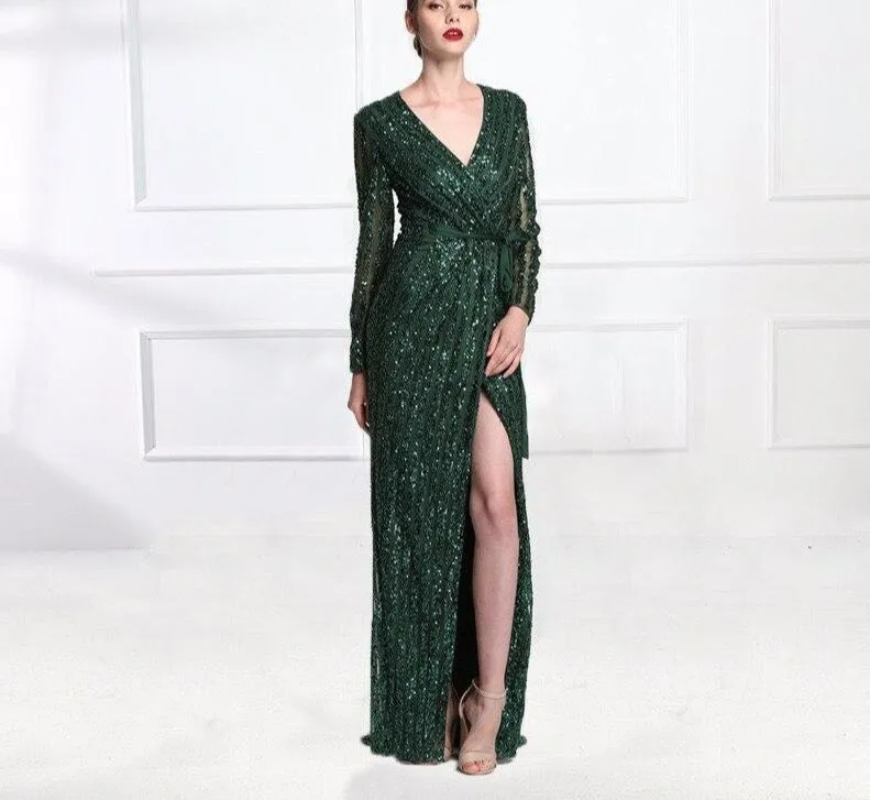 Fashion V-Neck Sleeping Style Green Evening Dress Beading Diamond Long Sleeves Formal Party Gown