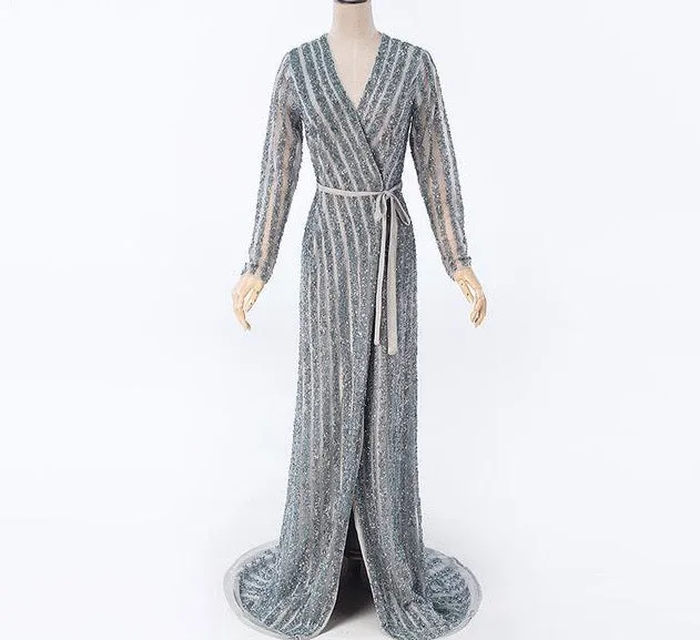 Fashion V-Neck Sleeping Style Green Evening Dress Beading Diamond Long Sleeves Formal Party Gown