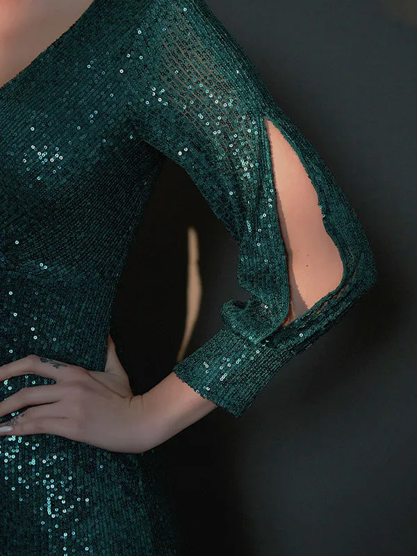 [Final Sale] Emerald Green Sequin V-Neck Long Sleeve Formal Mermaid Evening Dress