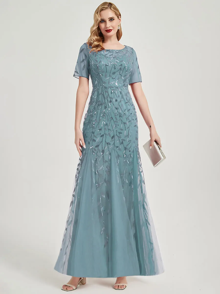 [Final Sale] Moody Blue Sheer Sleeve Floor Length Sequin Tulle Mermaid Formal Dress