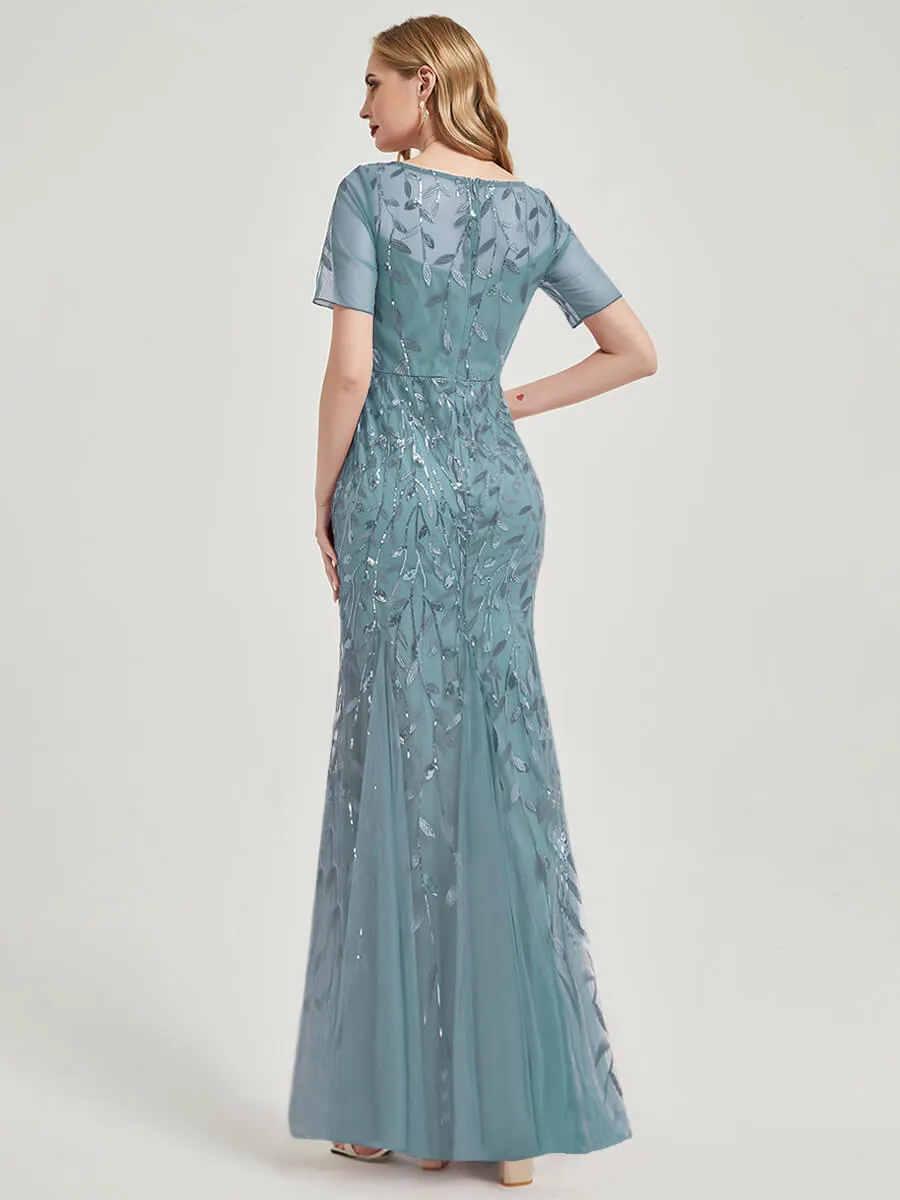 [Final Sale] Moody Blue Sheer Sleeve Floor Length Sequin Tulle Mermaid Formal Dress