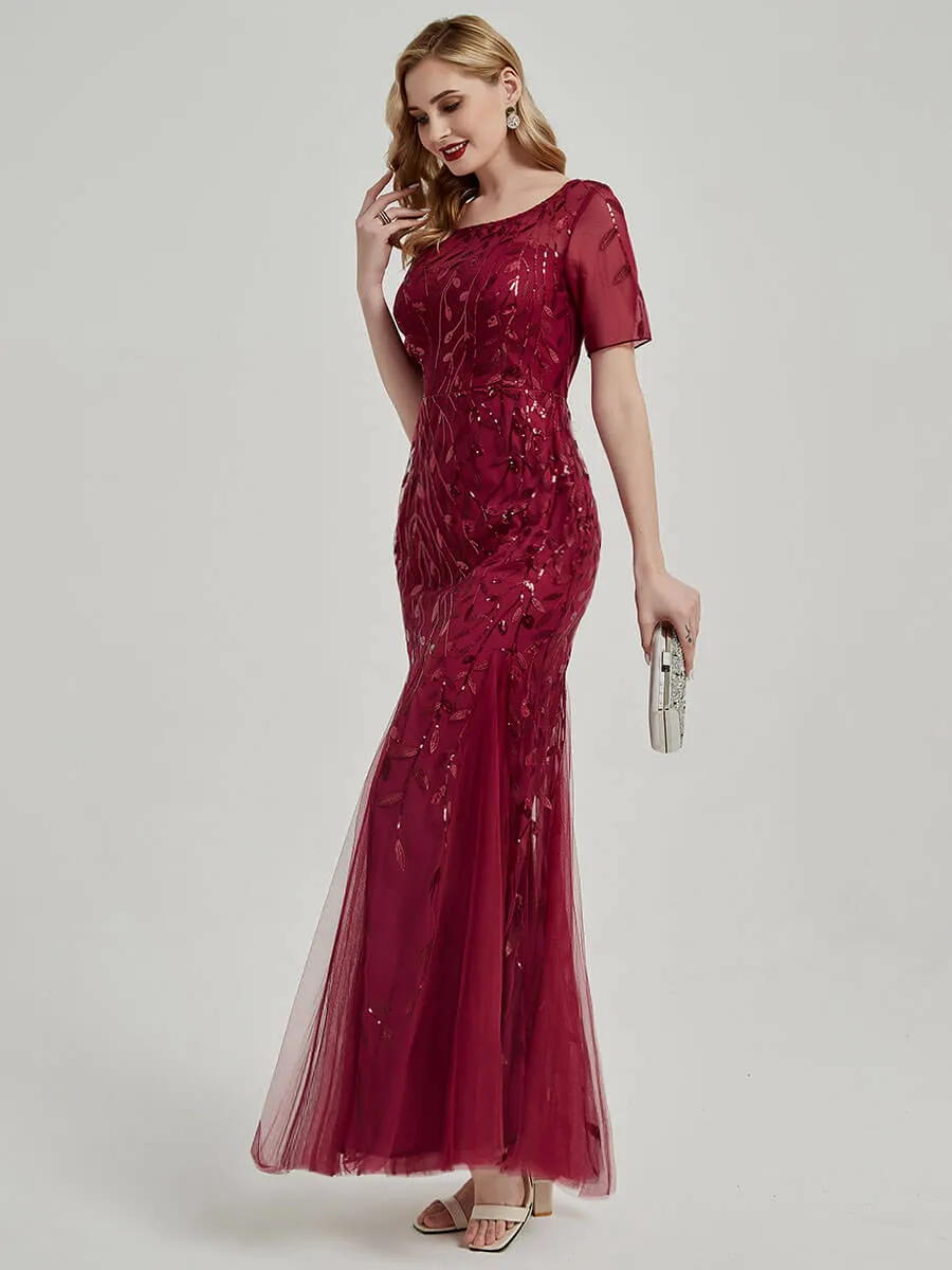 [Final Sale] Moody Blue Sheer Sleeve Floor Length Sequin Tulle Mermaid Formal Dress