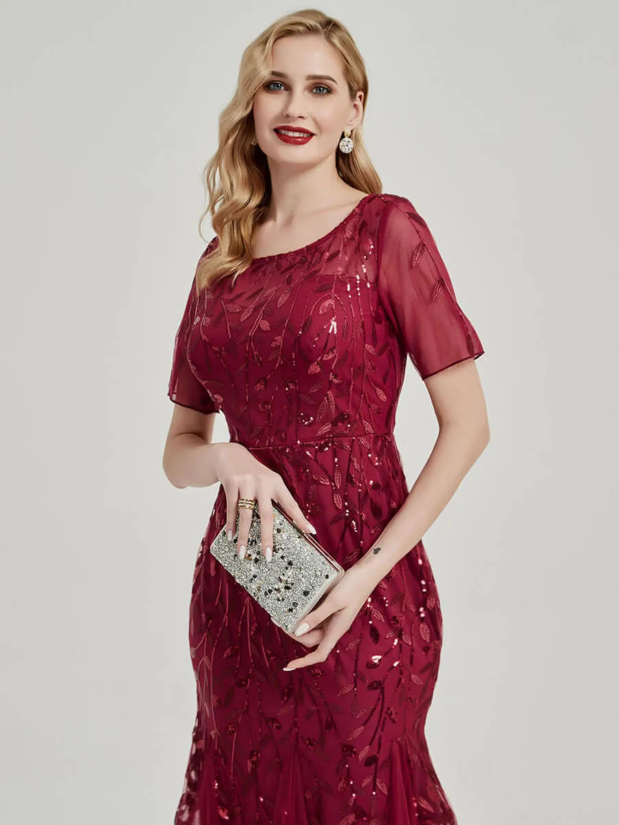 [Final Sale] Moody Blue Sheer Sleeve Floor Length Sequin Tulle Mermaid Formal Dress