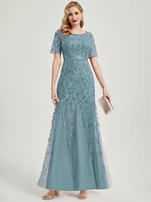 [Final Sale] Moody Blue Sheer Sleeve Floor Length Sequin Tulle Mermaid Formal Dress