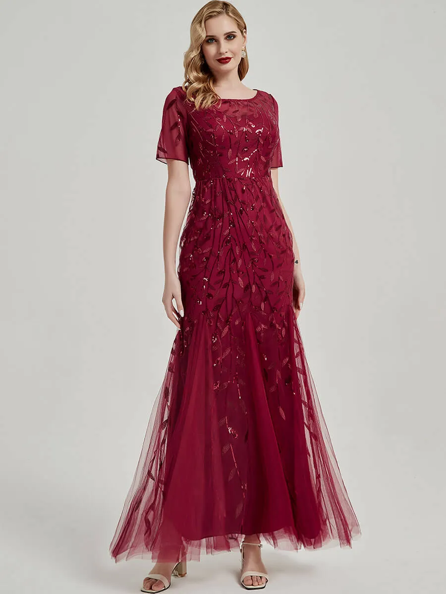 [Final Sale] Slate Blue Sheer Sleeve Floor Length Sequin Tulle Mermaid Party Dress
