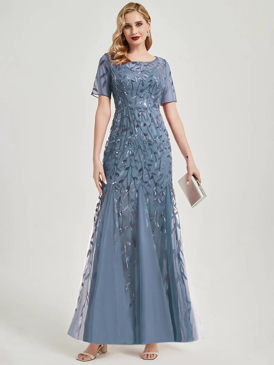 [Final Sale] Slate Blue Sheer Sleeve Floor Length Sequin Tulle Mermaid Party Dress