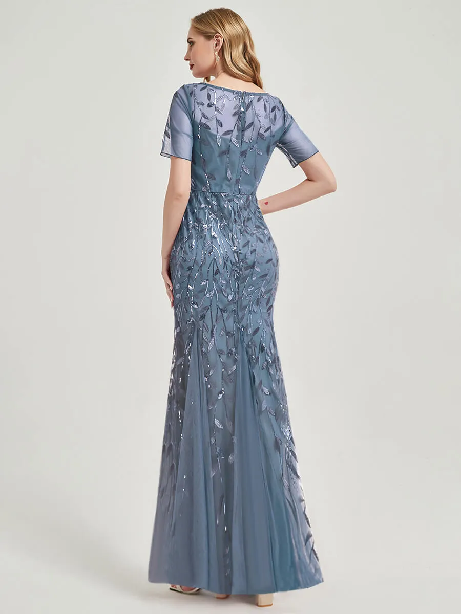 [Final Sale] Slate Blue Sheer Sleeve Floor Length Sequin Tulle Mermaid Party Dress