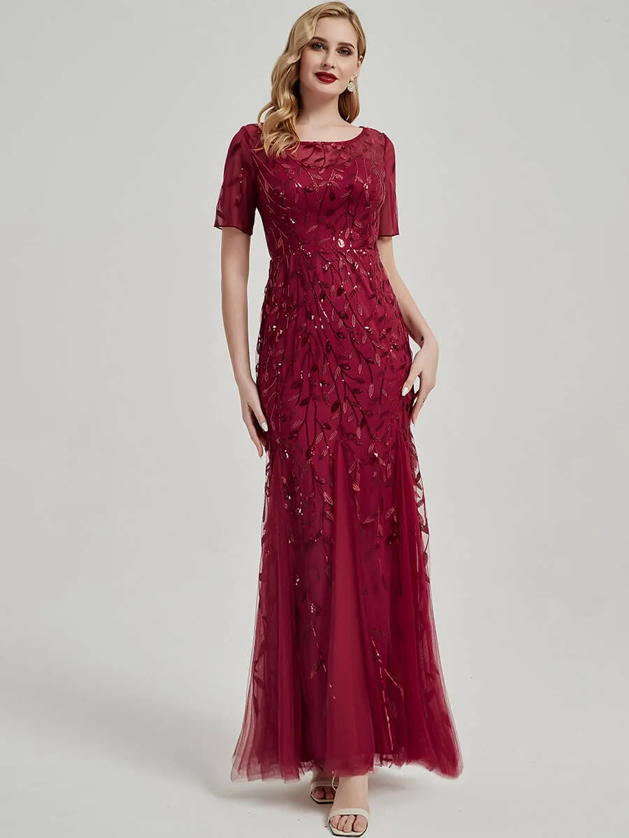 [Final Sale] Slate Blue Sheer Sleeve Floor Length Sequin Tulle Mermaid Party Dress
