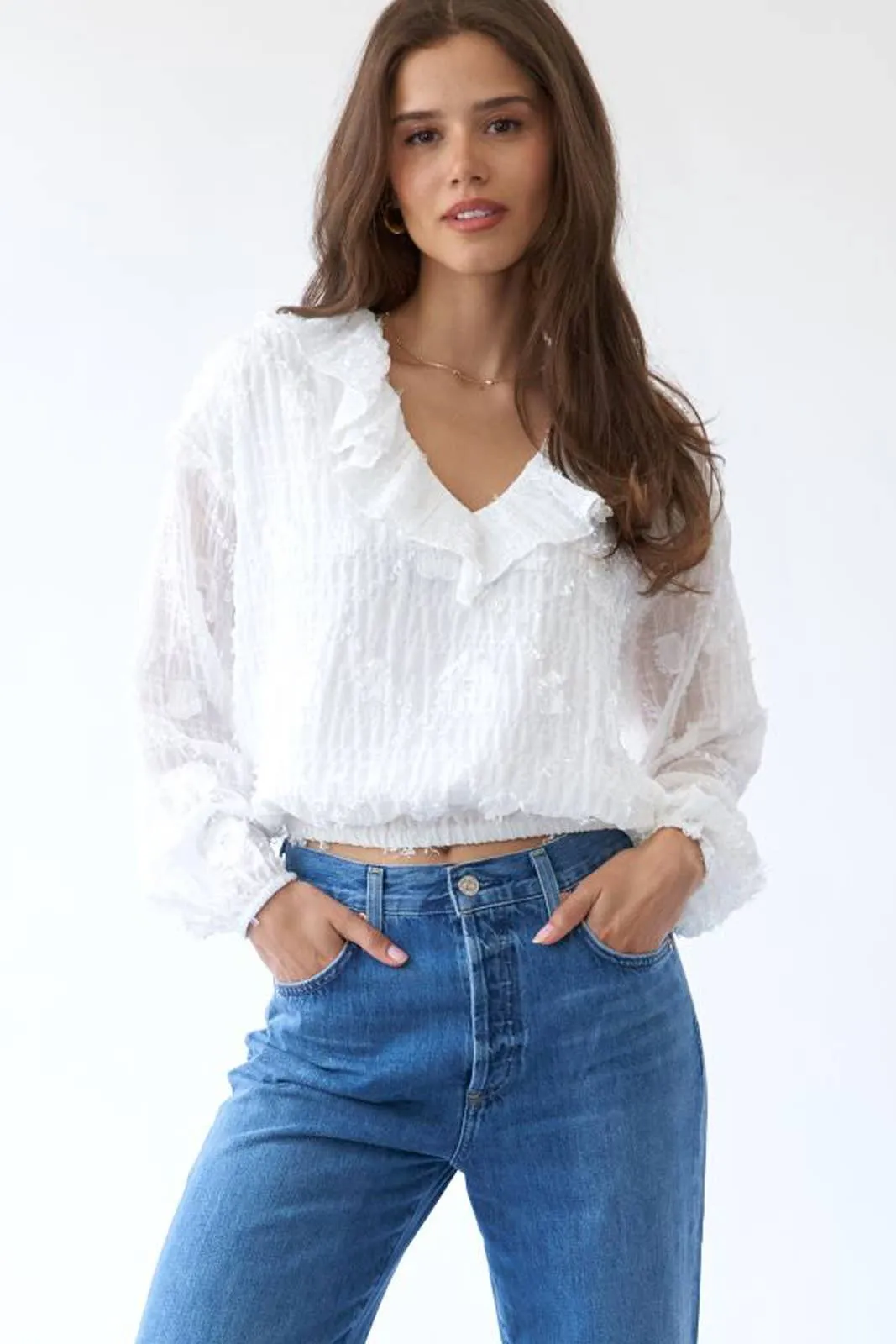 Flower Applique Long Sleeve Sage   Fig Blouse: Off White