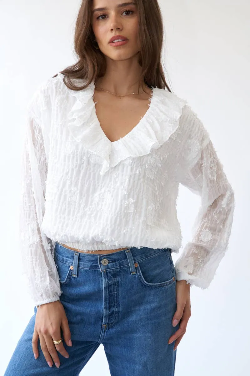 Flower Applique Long Sleeve Sage   Fig Blouse: Off White