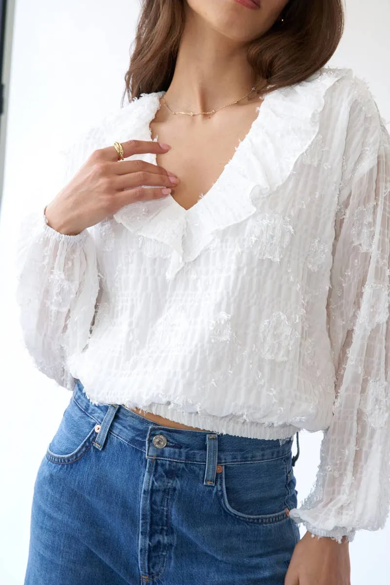 Flower Applique Long Sleeve Sage   Fig Blouse: Off White