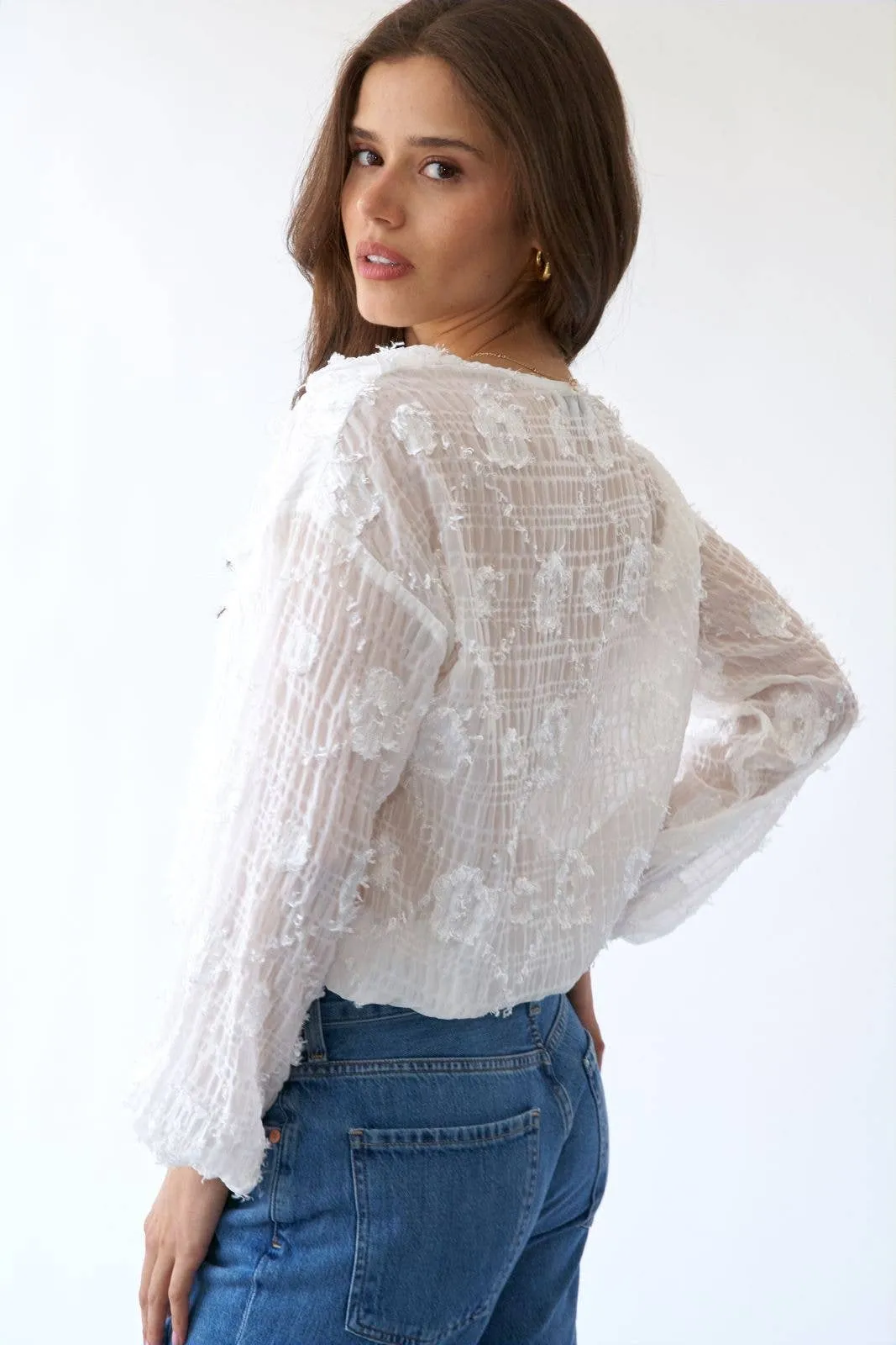 Flower Applique Long Sleeve Sage   Fig Blouse: Off White