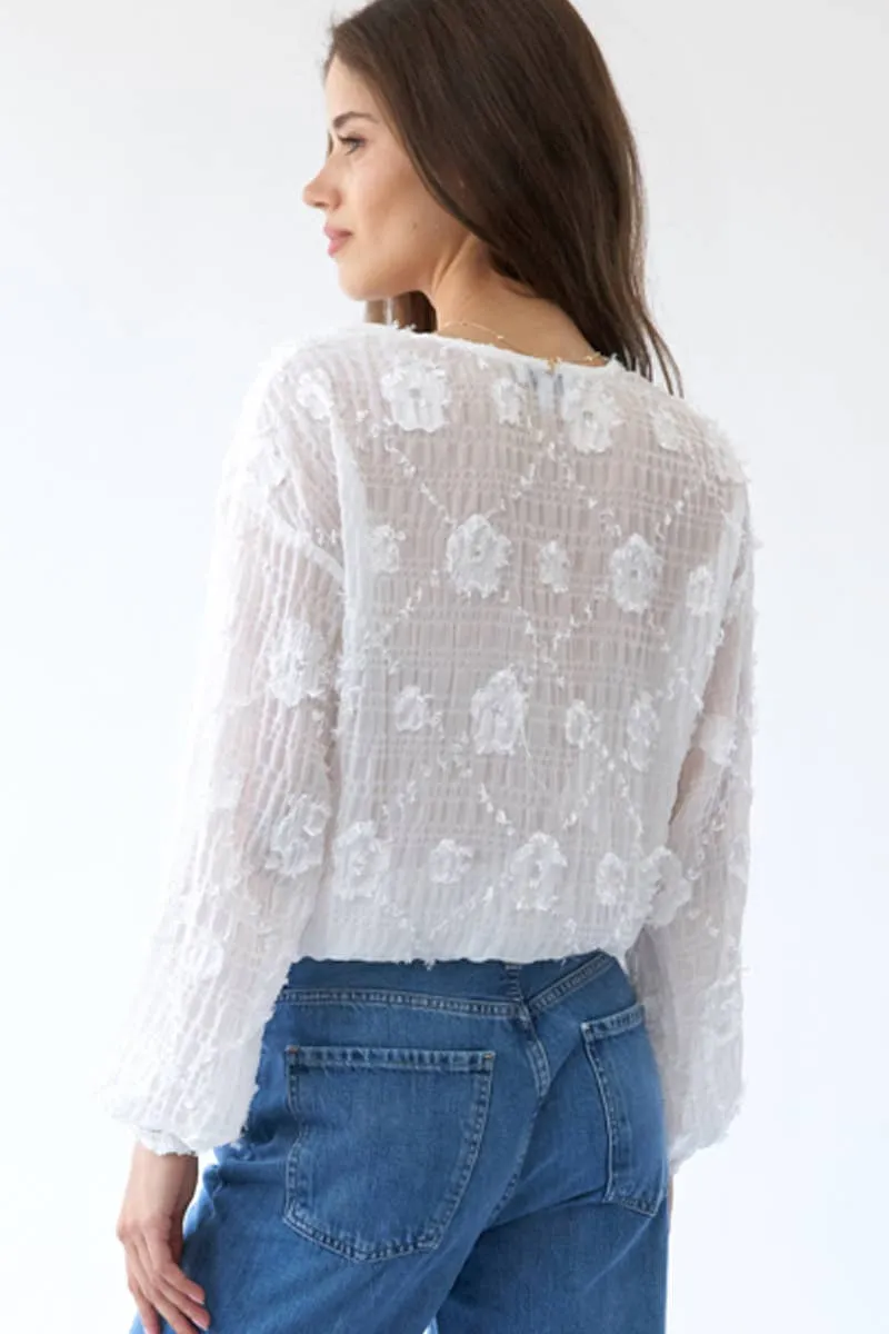 Flower Applique Long Sleeve Sage   Fig Blouse: Off White