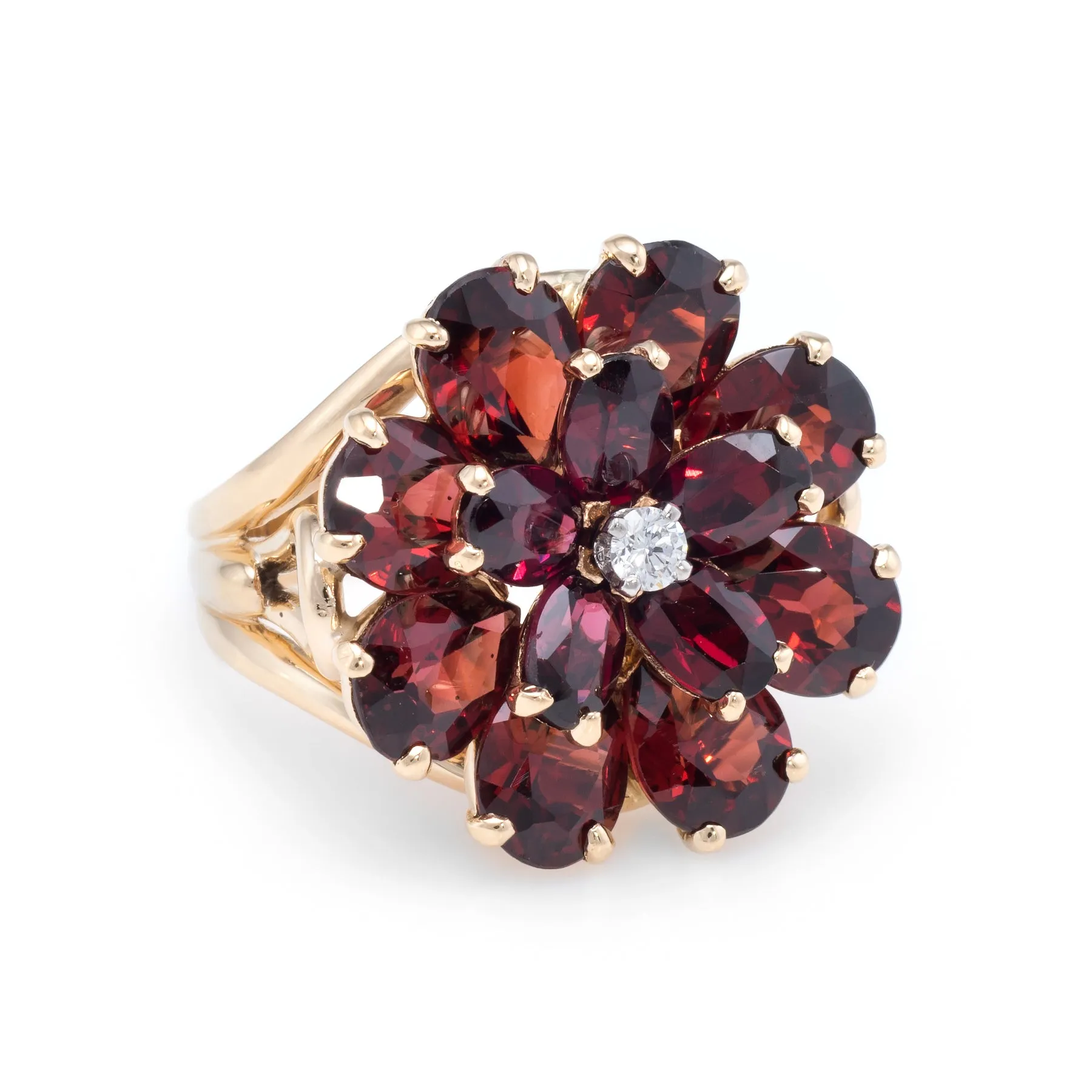Garnet Diamond Flower Cocktail Ring Vintage 14k Yellow Gold Estate Jewelry Fine
