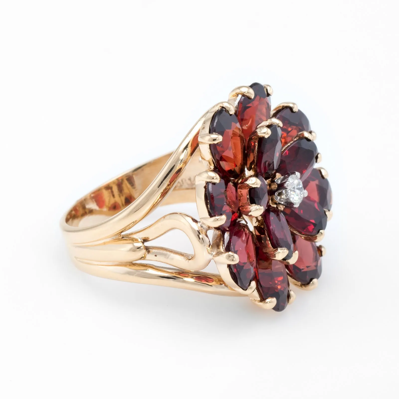 Garnet Diamond Flower Cocktail Ring Vintage 14k Yellow Gold Estate Jewelry Fine