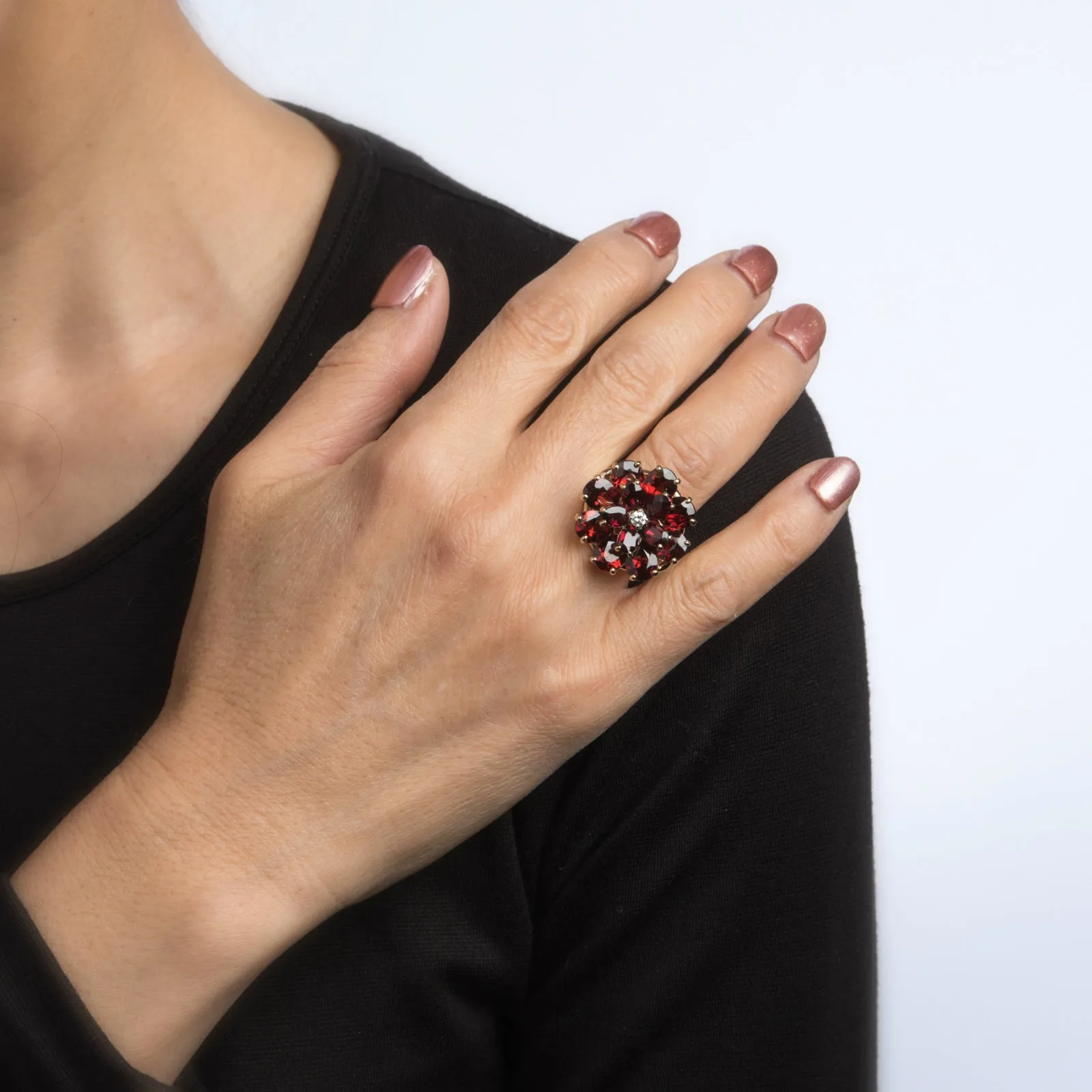 Garnet Diamond Flower Cocktail Ring Vintage 14k Yellow Gold Estate Jewelry Fine
