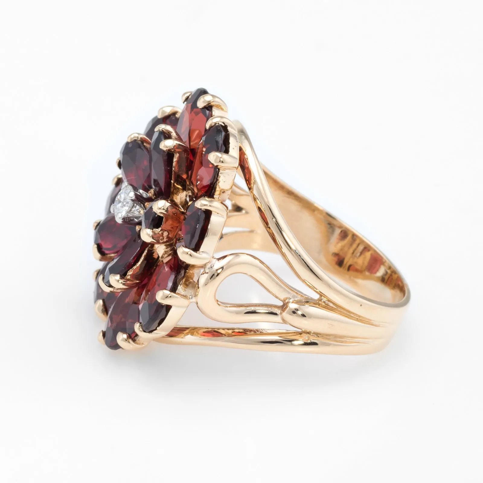 Garnet Diamond Flower Cocktail Ring Vintage 14k Yellow Gold Estate Jewelry Fine