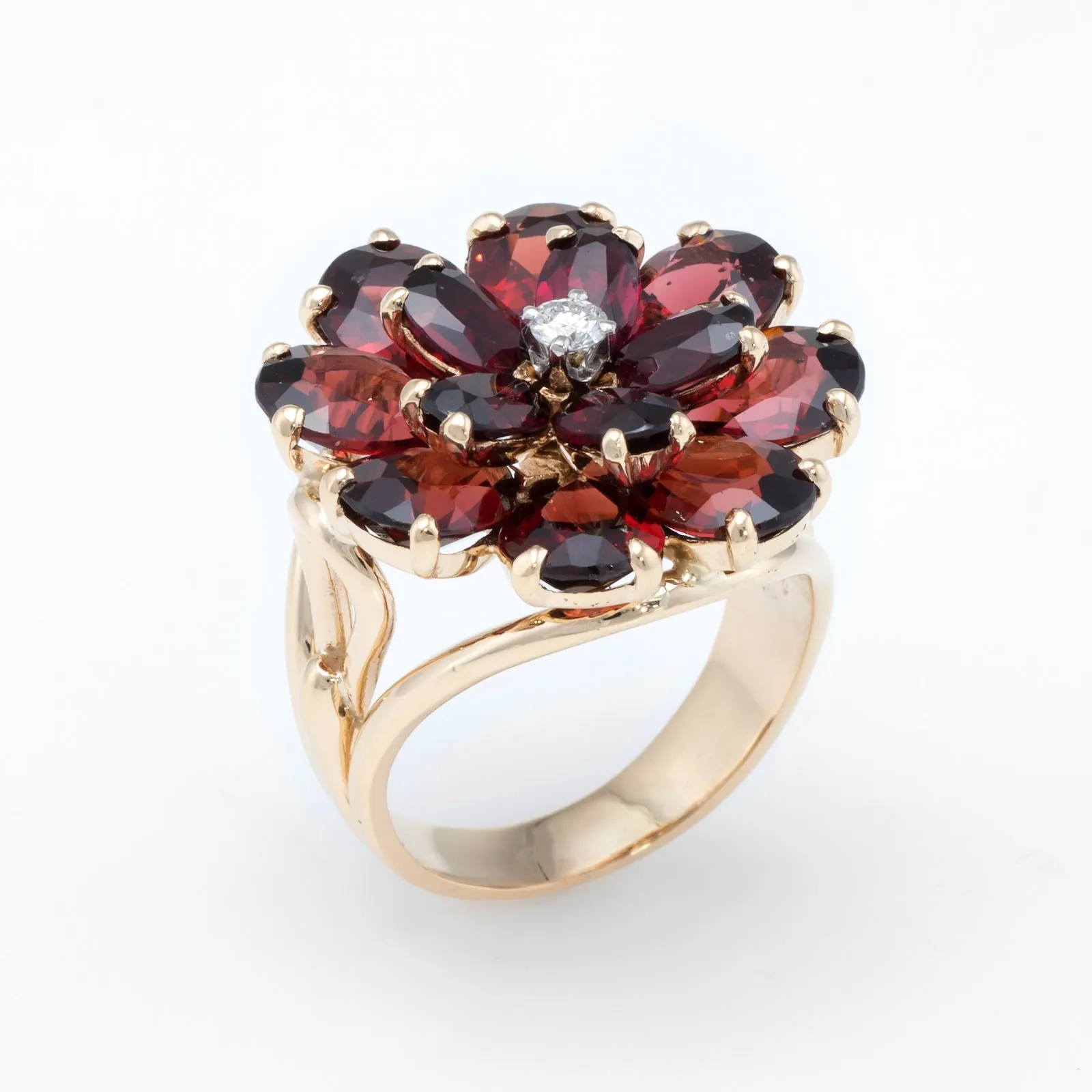 Garnet Diamond Flower Cocktail Ring Vintage 14k Yellow Gold Estate Jewelry Fine
