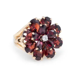 Garnet Diamond Flower Cocktail Ring Vintage 14k Yellow Gold Estate Jewelry Fine
