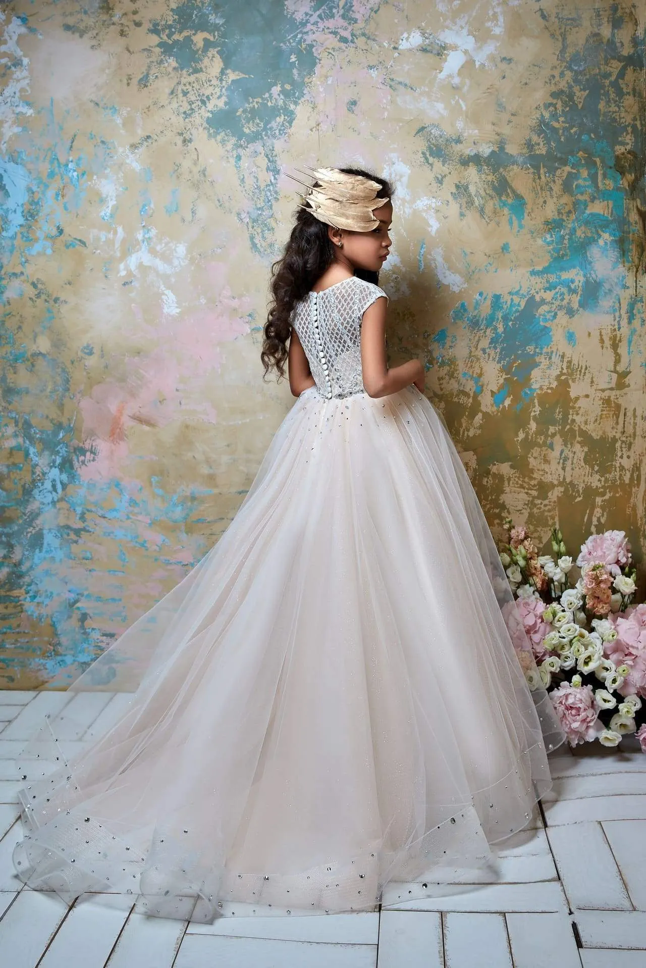 Girl Luxurious Lattice Tulle Special Occasion Dress in IVORY