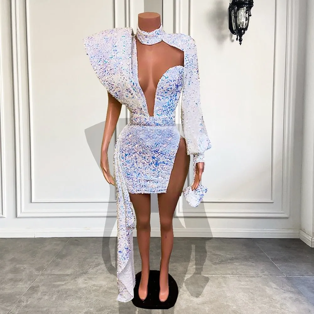 Girls Sparkly White Sequined Short Prom Dresses  With Side Train