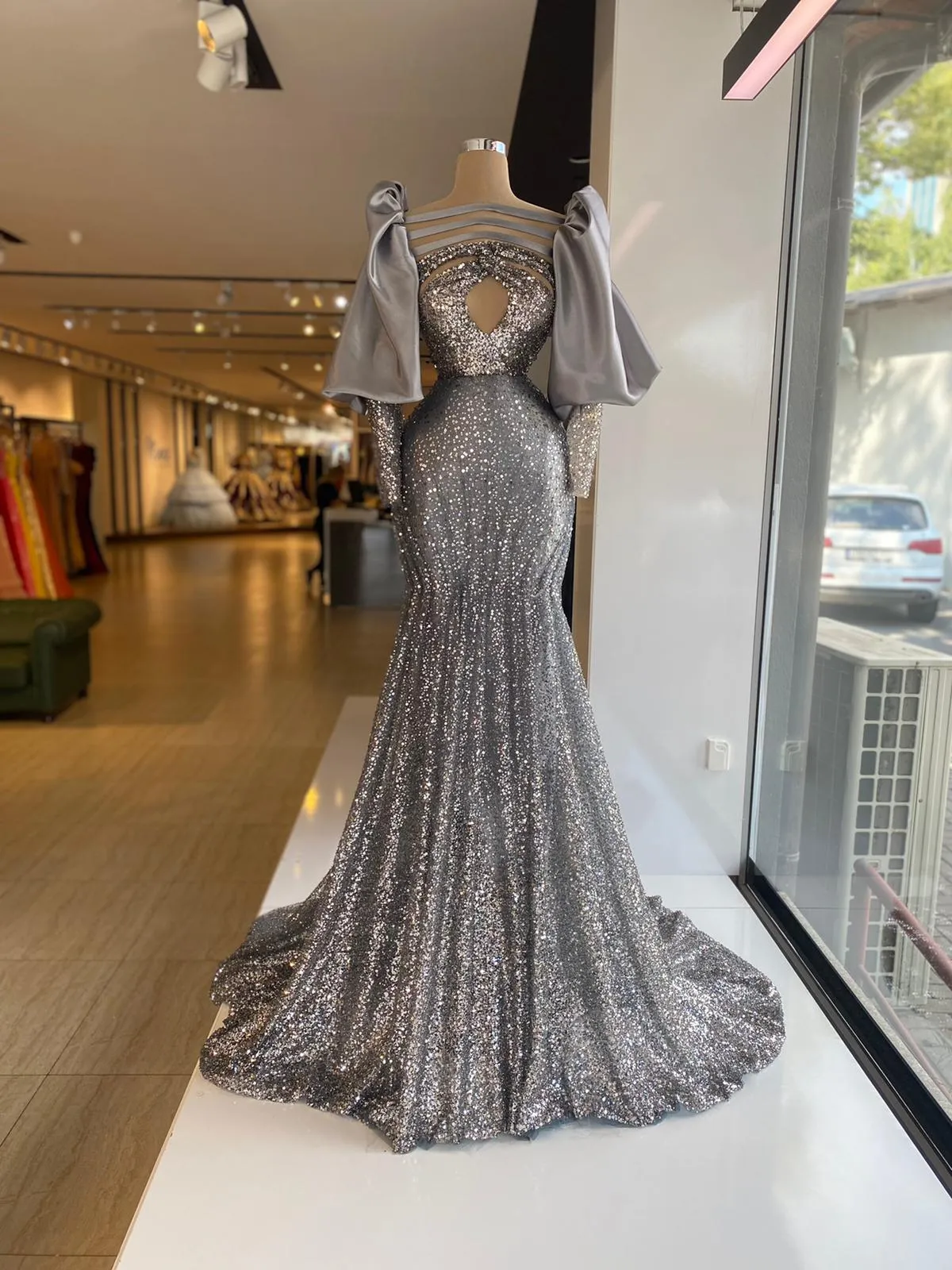 Glitter Elegant Mermaid Evening Dresses Puff Long Sleeves