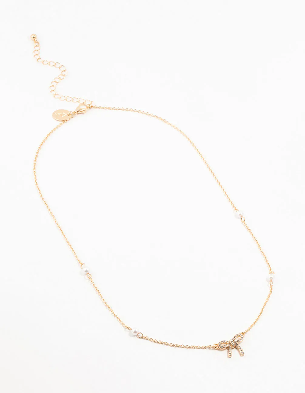 Gold Plated Station Pearl Diamante Bow Pendant Necklace
