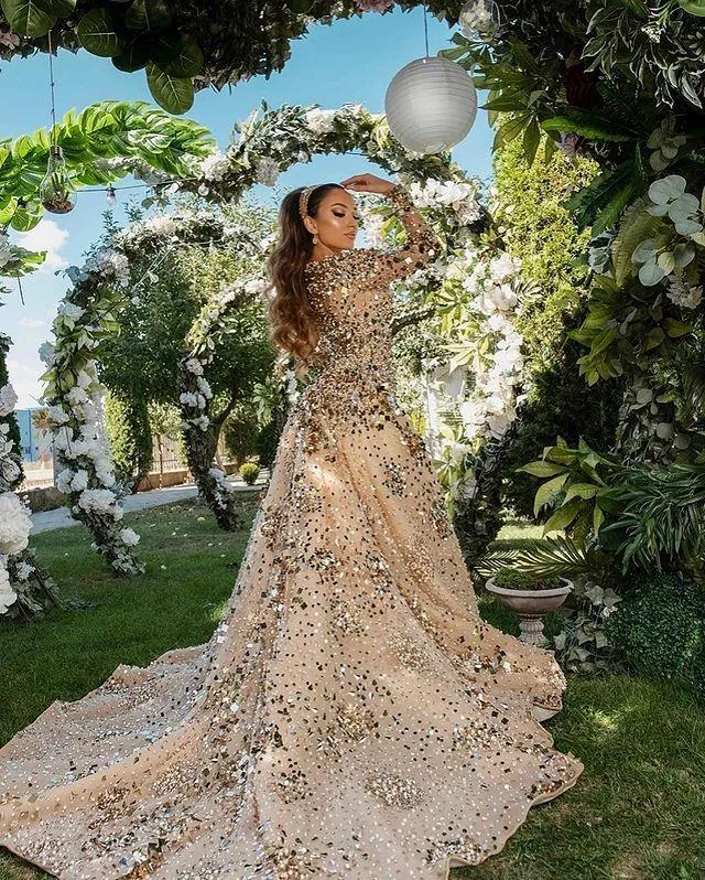 Gold Sparkly Luxurious Prom Dresses Beaded Crystals