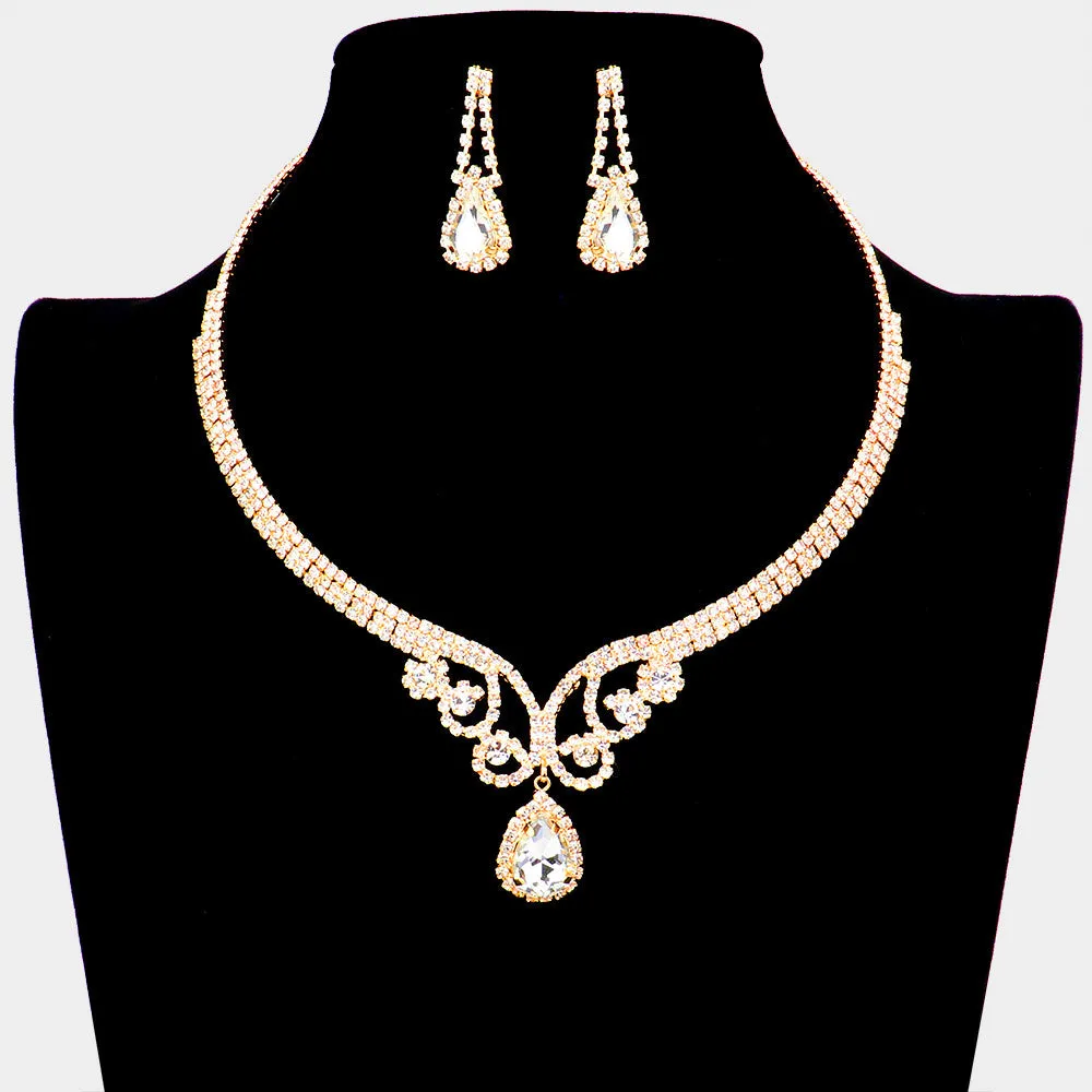 Gold Teardrop Rhinestone Accented Evening Necklace  | Pageant Necklace | 541155