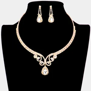 Gold Teardrop Rhinestone Accented Evening Necklace  | Pageant Necklace | 541155