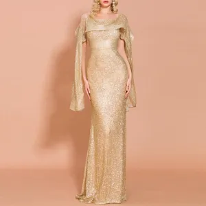 Golden Evening Dress Off The Shoulder Mermaid Floor Length Sequins Sleeveless Wedding Party Formal Evening Dresses