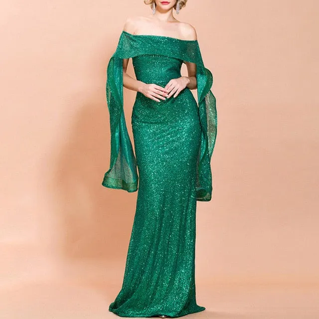 Golden Evening Dress Off The Shoulder Mermaid Floor Length Sequins Sleeveless Wedding Party Formal Evening Dresses