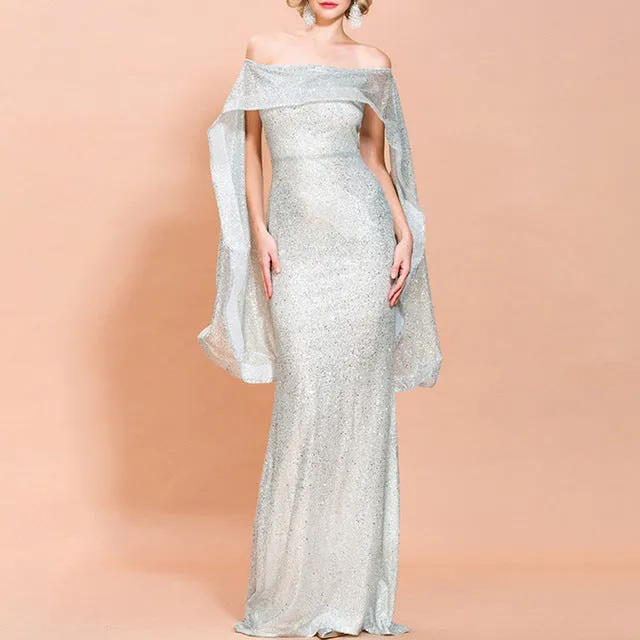 Golden Evening Dress Off The Shoulder Mermaid Floor Length Sequins Sleeveless Wedding Party Formal Evening Dresses